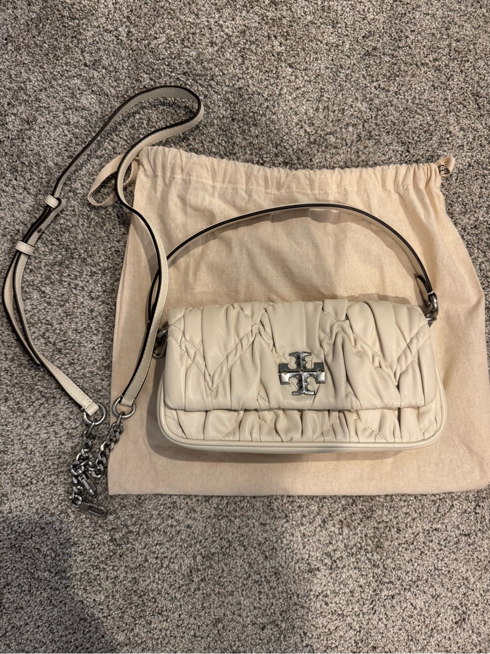 Tory Burch Kira Diamond-Ruched Small Leather Shoulder Bag Light Cream